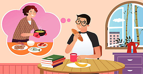여자 남자 음식 빵 가구 말풍선 생각 일러스트 창문 탁자 바나나 사람 두명 건물 생활 책 컵 부모 식사 밥상 유학 그리움 AI_파일형식 국내일러스트 식기 건축물 교육 감정 생활용품 과일 가족 파일형식 벡터