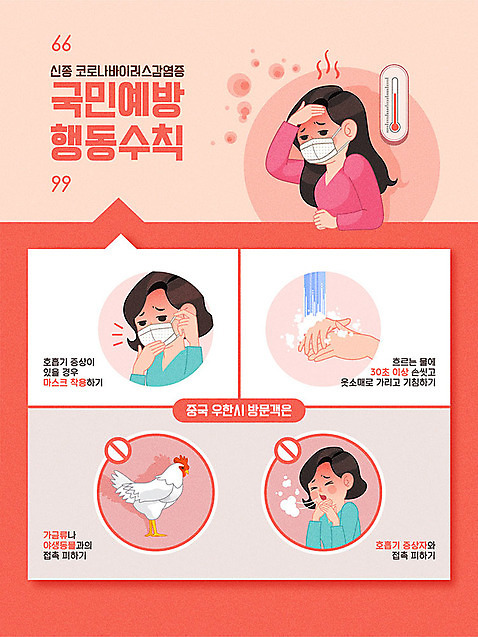 손 여자 일러스트 마스크 신체부위 빨간색 세명 중국 금지 닭 바이러스 온도계 체온계 사회이슈 예방 감염 손씻기 호흡기질환 박테리아 폐렴 체온 건강수칙 기침 발열 방문객 전염병 매뉴얼 코로나바이러스 해외감염병 AI_파일형식 국내일러스트 아시아 컬러 컨셉 의학 조류 건강 사람 씻기 질병 파일형식 벡터