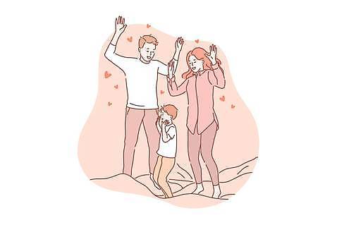 EPS 해외이미지 전신 여자 남자 아들 어린이 분홍색 일러스트 가족 놀이 엄마 함께함 사랑 가족애 소년 상반신 성인 세명 손들기 점프 하트 아빠 해외일러스트 모양 감정 컬러 컨셉 관계 모션 사람 파일형식 벡터 이미지허브