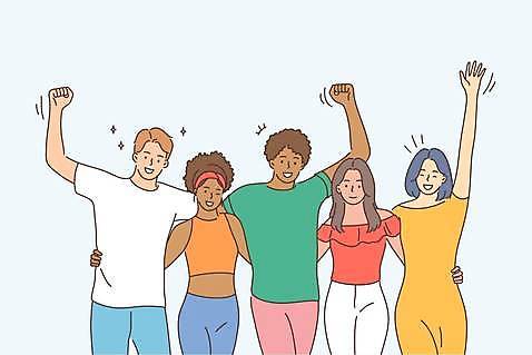 EPS 해외이미지 여자 남자 허리손 하늘색 일러스트 어깨동무 함께함 여러명 성인 친구 손들기 파이팅 주먹 우정 손인사 다인종 성인만 해외일러스트 포즈 다수 컨셉 관계 모션 사람 인종 파란색 인사 파일형식 벡터 이미지허브