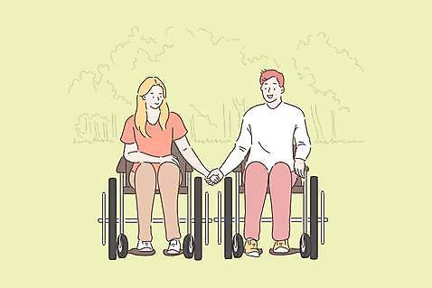 EPS 해외이미지 전신 커플 여자 남자 일러스트 함께함 사랑 앉기 성인 두명 연두색 손잡기 장애인 휠체어 성인만 해외일러스트 감정 컨셉 관계 모션 사람 초록색 장애 파일형식 벡터 이미지허브