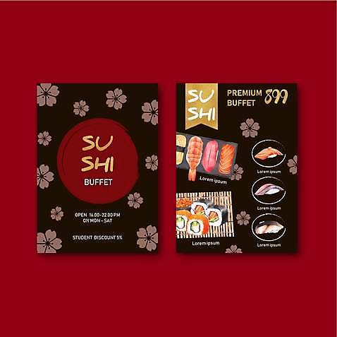 EPS 해외이미지 꽃무늬 일러스트 사람없음 검은색 초밥 메뉴 메뉴판 김초밥 계란초밥 나무발 롤스시 새우초밥 연어초밥 일식집 일본음식 수채화_물감 해외일러스트 꽃 음식 컬러 무늬 새우 식당 연어 파일형식 벡터 이미지허브