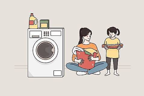 EPS 해외이미지 전신 여자 딸 어린이 일러스트 모녀 엄마 함께함 사랑 서기 들기 앉기 성인 두명 회색 도움 세제 세탁기 빨래바구니 여자만 소녀_어린이 해외일러스트 감정 컬러 컨셉 가족 모션 사람 바구니 가전제품 빨래 파일형식 벡터 이미지허브