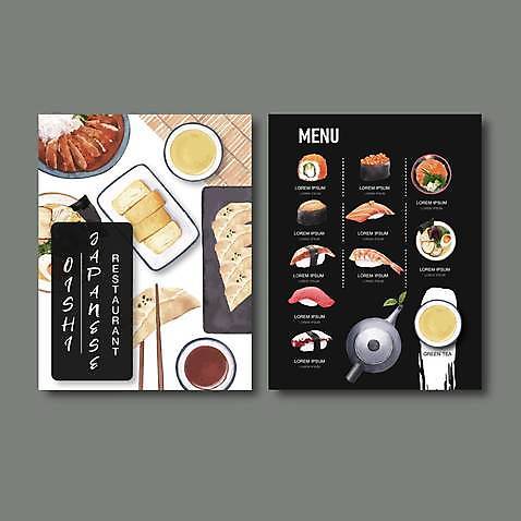 EPS 해외이미지 일러스트 사람없음 검은색 초밥 흰색 찻잔 찻주전자 메뉴 만두 메뉴판 군함말이초밥 롤스시 새우초밥 연어초밥 일식집 일본음식 연어덮밥 참치초밥 수채화_물감 해외일러스트 음식 컬러 주전자 잔 새우 식당 연어 파일형식 벡터 이미지허브