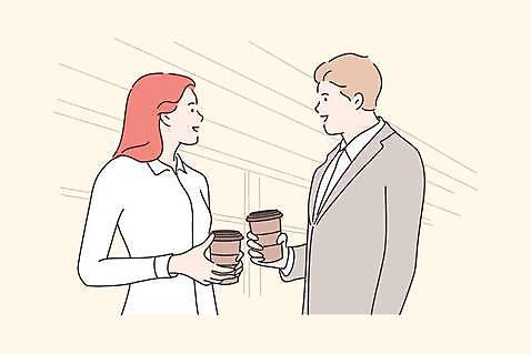 EPS 해외이미지 여자 남자 커피 일러스트 비즈니스 함께함 대화 들기 정장 상반신 성인 두명 노란색 마주보기 비즈니스맨 비즈니스우먼 테이크아웃컵 해외일러스트 옷 음료 컬러 컨셉 모션 말하기 사람 컵 직장인 파일형식 벡터 이미지허브