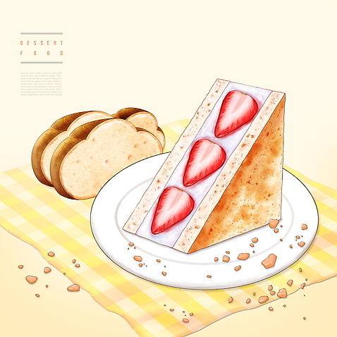 PSD 접시 빵 일러스트 딸기 디저트 샌드위치 사람없음 노란색 식탁보 생크림 부스러기 국내일러스트 식기 음식 컬러 과일 크림 파일형식