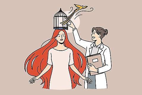 EPS 해외이미지 전신 여자 일러스트 조류 함께함 들기 상반신 성인 두명 치료 책 비행 오픈 상담 새장 정신과의사 성인여자만 심리상담 정신상담 해외일러스트 동물 컨셉 의학 모션 사람 의사 여자만 성인만 파일형식 벡터 이미지허브