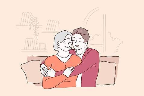EPS 해외이미지 여자 노년 남자 할머니 쿠션 일러스트 창문 가족 안기 포옹 손자 책장 함께함 사랑 상반신 성인 두명 소파 화목 코랄 해외일러스트 감정 컬러 가구 컨셉 의자 관계 모션 사람 손주 파일형식 벡터 이미지허브