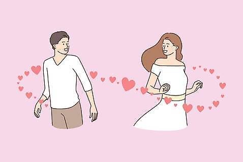 EPS 해외이미지 커플 여자 남자 분홍색 일러스트 함께함 사랑 상반신 성인 두명 마주보기 하트 뒤돌아보기 성인만 해외일러스트 모양 감정 컬러 컨셉 관계 모션 사람 파일형식 벡터 이미지허브