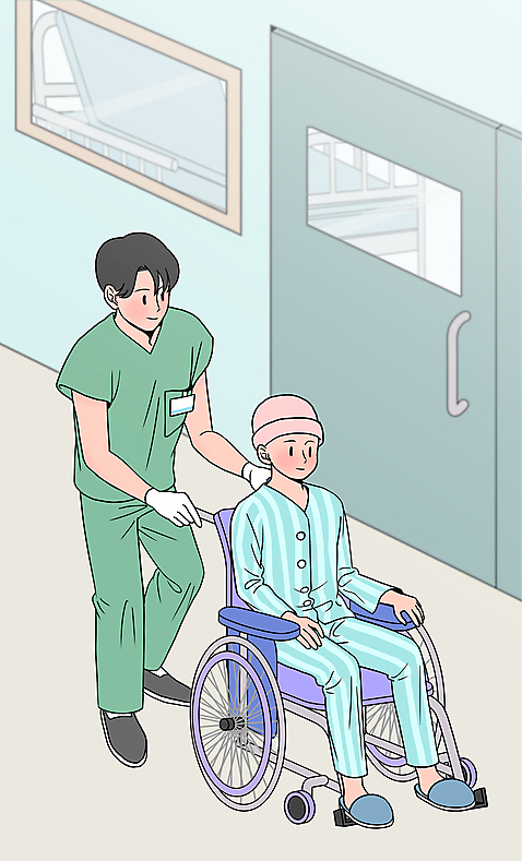 전신 PSD 남자 어린이 이동 일러스트 앉기 소년 성인 두명 문 걷기 환자 간호사 복도 휠체어 소아과 환자복 소아병동 남자만 소아암 어린이병원 국내일러스트 옷 컨셉 의학 모션 병원 사람 의료진 암 파일형식