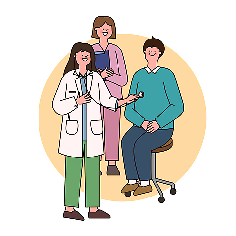 전신 여자 남자 의자 일러스트 의학 청진기 서기 들기 앉기 성인 세명 노란색 진료 환자 간호사 의사 의사가운 원형 서류판 성인만 AI_파일형식 국내일러스트 도형 컬러 가구 의료기기 모션 사람 사무용품 의료진 가운 파일형식 벡터