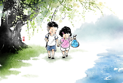 전신 PSD 나무 응시 여자 남자 어린이 일러스트 캘리그라피 봉투 비닐봉투 산 어류 들기 풍경 소녀 소년 두명 여름 걷기 손잡기 시골 낚싯대 추억 숲 강가 동양화 어린이만 국내일러스트 식물 시선 계절 컨셉 모션 미술 사람 강 수중동물 낚시용품 파일형식