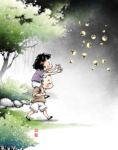 전신 PSD 나무 여자 남자 어린이 여러마리 일러스트 캘리그라피 풍경 소녀 소년 두명 여름 걷기 어둠 시골 목말 추억 숲 동양화 곤충채집 손뻗기 반딧불이 어린이만 국내일러스트 식물 계절 다수 곤충 컨셉 모션 미술 사람 수집 파일형식