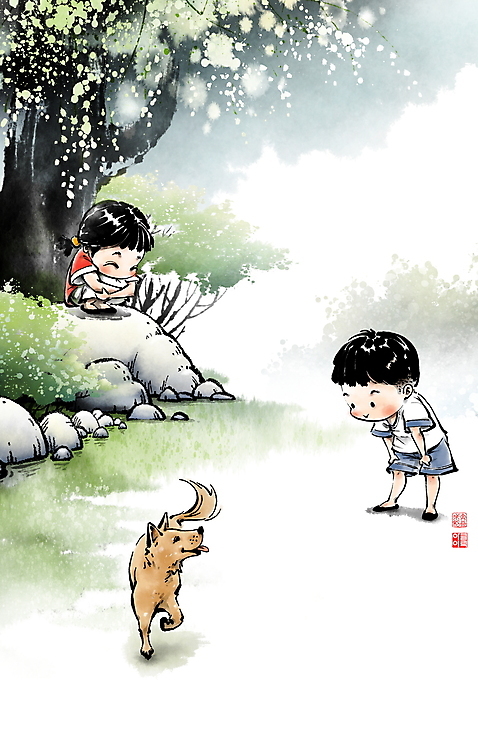 전신 PSD 나무 한마리 응시 여자 남자 어린이 일러스트 캘리그라피 서기 풍경 소녀 소년 두명 여름 바위 시골 개 강아지 추억 숲 동양화 웅크림 어린이만 국내일러스트 식물 1 시선 계절 컨셉 포유류 모션 미술 사람 반려동물 돌_바위 파일형식