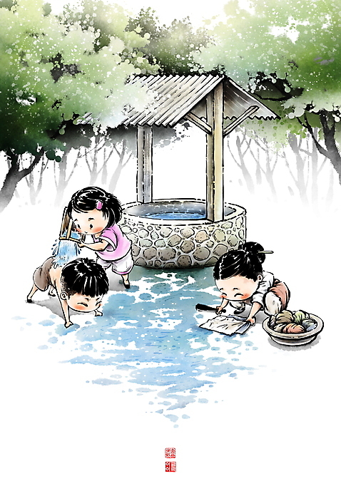 전신 PSD 나무 여자 남자 어린이 엎드리기 일러스트 캘리그라피 엄마 서기 들기 앉기 소녀 소년 성인 세명 물 여름 자녀 시골 추억 빨래 숲 한복 양동이 동양화 우물 등목 물뿌리기 빨래방망이 빨랫감 국내일러스트 자연요소 식물 한국전통 계절 컨셉 가사 가족 모션 미술 사람 방망이 씻기 전통의상 파일형식