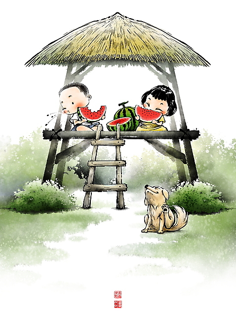 전신 PSD 나무 한마리 여자 남자 어린이 일러스트 캘리그라피 수박 앉기 풍경 소녀 소년 두명 여름 시골 개 강아지 추억 숲 먹기 동양화 원두막 수박씨 침뱉기 어린이만 국내일러스트 식물 1 계절 컨셉 과일 포유류 모션 미술 씨앗 사람 반려동물 파일형식