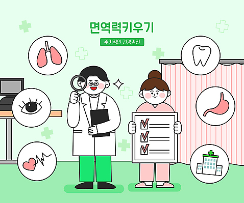 전신 여자 남자 의자 일러스트 돋보기 병원 서기 들기 성인 두명 연두색 건강관리 눈_신체부위 허파 치아 맥박 위_내장기관 건강검진 면역력 정기검진 체크리스트 성인만 AI_파일형식 국내일러스트 가구 의학 모션 건강 관리 사람 신체부위 초록색 진료 소화기관 장기_의학 호흡기관 검사_조사 파일형식 벡터