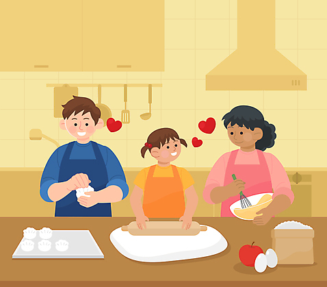 응시 여자 남자 딸 어린이 일러스트 가족 엄마 요리 들기 상반신 성인 세명 노란색 주방 앞치마 하트 아빠 다문화 만들기 밀대 혼혈 AI_파일형식 소녀_어린이 국내일러스트 모양 시선 컬러 관계 모션 주방용품 사람 사회이슈 파일형식 벡터
