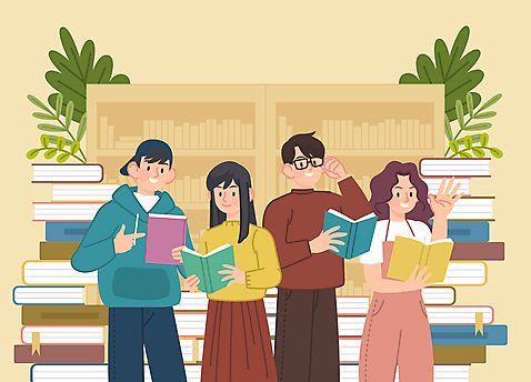 식물 여자 남자 일러스트 책장 들기 여러명 상반신 성인 책 독서 손들기 가리킴 문학 성인만 안경낌 연노랑색 AI_파일형식 청춘_젊음 국내일러스트 안경 가구 다수 컨셉 모션 사람 손짓 노란색 파일형식 벡터