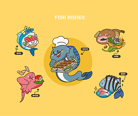 캐릭터 일러스트 요리사모자 들기 사람없음 노란색 생선회 참치 장어 해산물 장어구이 돌돔 아귀 참치회 홍어 홍어삼합 아귀탕 월간캐릭터 일러캐릭터 AI파일 모자_잡화 컬러 모션 어류 요리사 수중동물 회 탕 생선요리 삼합 파일형식 벡터