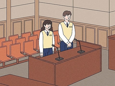 학생 여자 남자 교복 의자 일러스트 청소년 말하기 서기 상반신 두명 눈감음 찡그림 마이크 재판 손모으기 법원 단상 공손 재판소 십대만 AI_파일형식 국내일러스트 옷 음향기기 가구 모션 표정 사람 손짓 법 파일형식 벡터