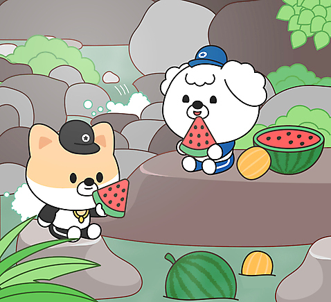 동물캐릭터 두마리 일러스트 휴식 여름음식 수박 들기 앉기 사람없음 귀여움 계곡 바위_돌 풀잎 강아지 먹기 참외 개캐릭터 보양식 AI_파일형식 여름_계절 국내일러스트 일러캐릭터 동물 캐릭터 계절 음식 컨셉 잎 2 과일 모션 반려동물 돌_바위 풀_식물 개 몸보신 파일형식 벡터