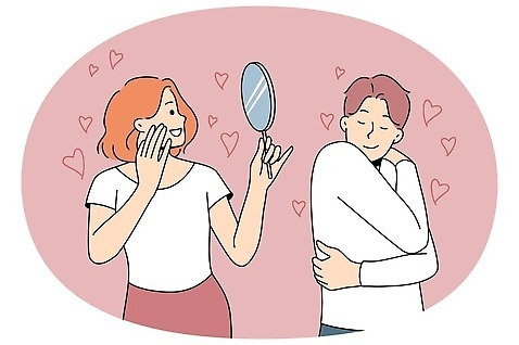 EPS 해외이미지 라이프스타일 여자 남자 인물캐릭터 컨셉 일러스트 포옹 사랑 들기 성인 두명 표현 자신감 만족 손거울 긍정 성인만 자기애 해외202309 해외일러스트 일러캐릭터 캐릭터 감정 안기 모션 사람 생활 거울 파일형식 벡터