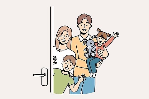 여자 남자 어린이 인형 다수 관계 모션 표정 사람 토끼 예절 파일형식 벡터 소녀_어린이 소년 여러명 미소_표정 성인 안기 문 토끼인형 손흔들기 인사 가족 EPS 일러스트 해외이미지 상반신 해외202309 해외일러스트