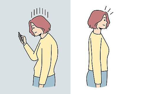 시선 포즈 모션 사람 핸드폰 스마트기기 질병 여자만 성인만 파일형식 벡터 성인여자만 두명 여자 성인 응시 스마트폰 들기 정자세 거북목증후군 EPS 해외일러스트 일러스트 해외이미지 해외202310 상반신