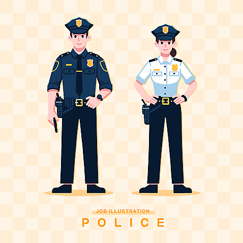 전신 모자_잡화 여자 남자 일러스트 직업캐릭터 서기 들기 성인 두명 노란색 권총 총 경찰 경찰복 성인만 AI_파일형식 일러캐릭터 직업 캐릭터 잡화 무기 컬러 유니폼 모션 사람 파일형식 벡터