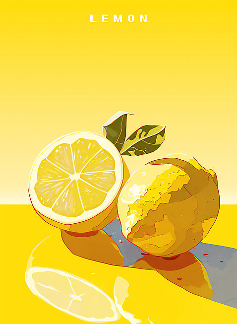 식물 계절 컬러 컨셉 과일 파일형식 포스터 여름_계절 빈티지 사람없음 레몬 잎 노란색 PSD 일러스트 상큼 단면 백그라운드