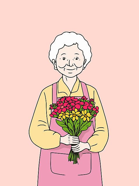 여자 노년 행복 꽃다발 일러스트 한명 들기 상반신 실버라이프 노후 앞치마 은퇴 꽃집 노후대책 자기계발 노인여자한명만 AI_파일형식 국내일러스트 1 라이프스타일 꽃 감정 모션 사람 성인 상점 여자한명만 노인여자만 파일형식 벡터