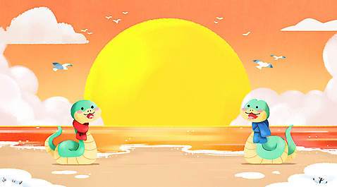 PSD 일러스트 갈매기 해변 사람없음 태양 일출 목도리 새해인사 뱀띠 뱀 뱀캐릭터 청사 을사년 국내일러스트 푸른뱀 자연요소 잡화 바다 동물캐릭터 파충류 조류 새해 노을 십이지신 인사 파일형식 2025년