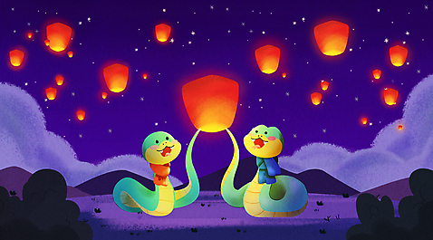 PSD 일러스트 날리기 사람없음 목도리 새해인사 뱀띠 뱀 야간 뱀캐릭터 청사 풍등 을사년 국내일러스트 푸른뱀 자연요소 잡화 동물캐릭터 파충류 모션 조명 새해 십이지신 인사 파일형식 2025년