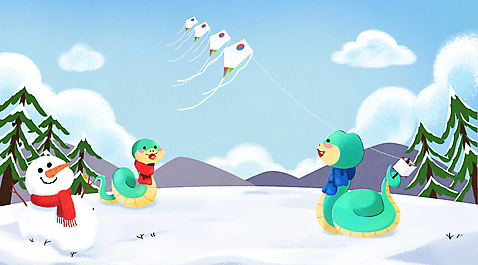 PSD 일러스트 눈사람 사람없음 설원 목도리 새해인사 뱀띠 뱀 연 연날리기 뱀캐릭터 청사 을사년 국내일러스트 푸른뱀 잡화 동물캐릭터 파충류 새해 눈_날씨 놀이용품 전통놀이 십이지신 인사 파일형식 2025년