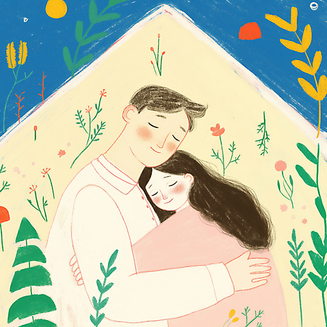 JPG 부부 여자 남자 꽃 행복 잎 일러스트 포옹 집안 조명 사랑 성인 두명 눈감음 성인만 미소_표정 국내일러스트 식물 커플 감정 안기 모션 실내 표정 사람 파일형식