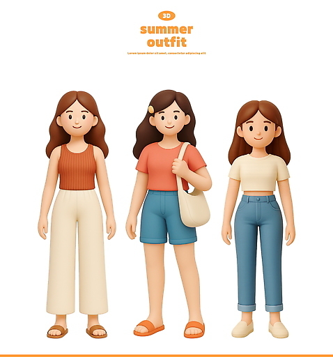 전신 PSD 무료이미지 편집이미지 여자 반바지 성인 세명 민소매 3D 반팔티셔츠 청바지 잡기 머리핀 샌들 숄더백 여름옷 청반바지 성인여자만 오오티디 미소_표정 편집3D 옷 패션 신발 상의 티셔츠 가방 장신구 바지 모션 표정 사람 디지털합성 신조어 여자만 성인만 파일형식 여름_계절