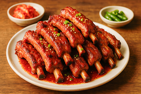 JPG 편집이미지 접시 반찬 김치 사람없음 나무탁자 등갈비 쪽갈비 맛있는 편집실사 식기 한식 음식 탁자 CG 갈비 파일형식