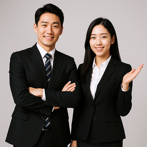 JPG 편집이미지 여자 남자 정장 상반신 성인 두명 손들기 팔짱 비즈니스맨 비즈니스우먼 의료성형뷰티 성인만 미소_표정 편집실사 옷 비즈니스 모션 표정 사람 직장인 CG 파일형식