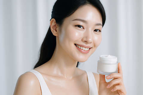JPG 편집이미지 여자 한명 웃음 들기 상반신 성인 흰색 피부관리 광택 수분크림 의료성형뷰티 성인여자한명만 편집실사 물광 1 컬러 모션 표정 사람 뷰티 화장품 CG 여자한명만 성인여자만 파일형식