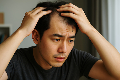 JPG 편집이미지 남자 한명 상반신 성인 찡그림 심각 탈모 의료성형뷰티 성인남자한명만 편집실사 머리짚기 1 컨셉 모션 표정 사람 CG 증상 남자한명만 성인남자만 파일형식