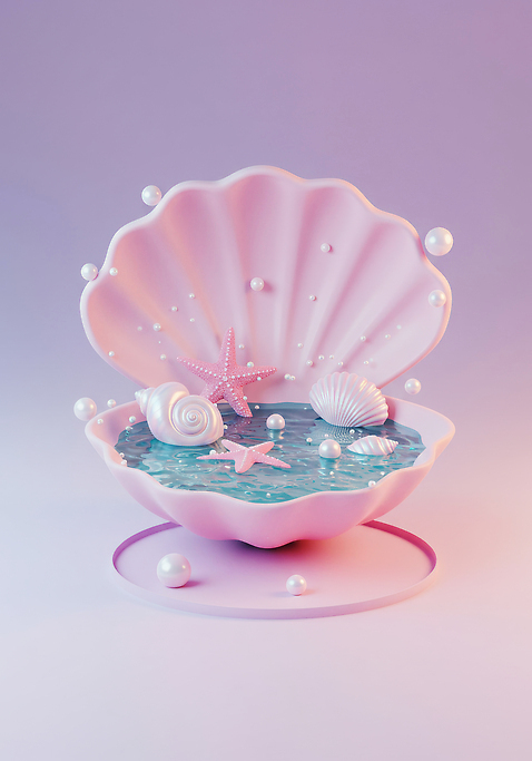JPG 편집이미지 바다 불가사리 사람없음 3D 보라색 조개껍데기 소라 놀이터 진주_보석 편집3D 컬러 놀이 조개 어패류 극피동물 보석 디지털합성 파일형식