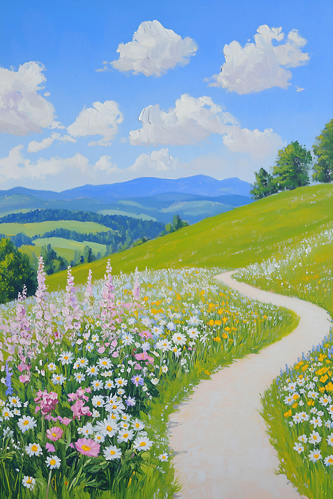 자연요소 식물 꽃 산 미술 풍경 초록색 파란색 그림 파일형식 여름_계절 산맥 언덕 풍경화 사람없음 여름풍경 유화 하늘 구름_자연 잔디 나무 꽃밭 길 들꽃 야외 여행 일러스트 JPG 하늘색 연두색 국내일러스트