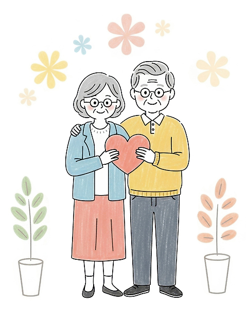 모양 식물 라이프스타일 부부 여자 노년 남자 감정 안경 가족 모션 표정 사랑 사람 성인 파일형식 어깨에손 들기 전신 두명 가정 가족애 노부부 할머니 할아버지 동반자 하트 꽃 행복 따뜻함 웃음 PSD 일러스트 실버라이프 안경낌 풀_식물 화분 미소_표정 조부모 부모 국내일러스트 잎