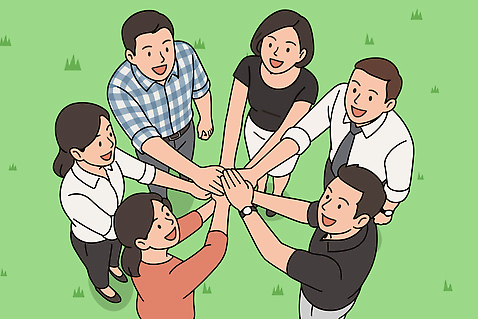 남자 일러스트 응원 모션 협력 함께함 잔디 여러명 파이팅 우정 모임 도전 동료 즐거움 손모으기 공동체 긍정적 리더쉽 AI_파일형식 국내일러스트 식물 감정 다수 컨셉 관계 사람 손짓 친구 파일형식 벡터