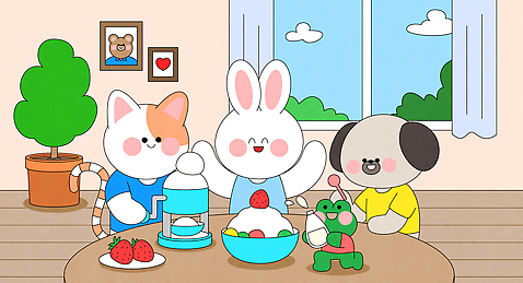 동물 캐릭터 감정 가구 컨셉 과일 포유류 관계 모션 디저트 양서류 반려동물 개 빙수 파일형식 벡터 만세 창문 탁자 개구리 들기 과일빙수 고양이 토끼 강아지 아이스크림 주방 친구 함께함 즐거움 요리 가족 AI_파일형식 일러스트 사람없음 동물캐릭터 국내일러스트