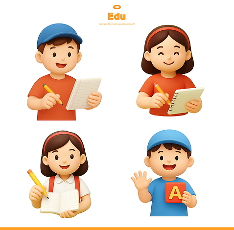 PSD 편집이미지 학생 여자 남자 어린이 3D캐릭터 들기 여러명 상반신 학습 연필 공책 기록 즐거움 과제 미소_표정 편집3D 캐릭터 교육 감정 다수 모션 문구용품 학용품 표정 사람 필기구 3D 파일형식