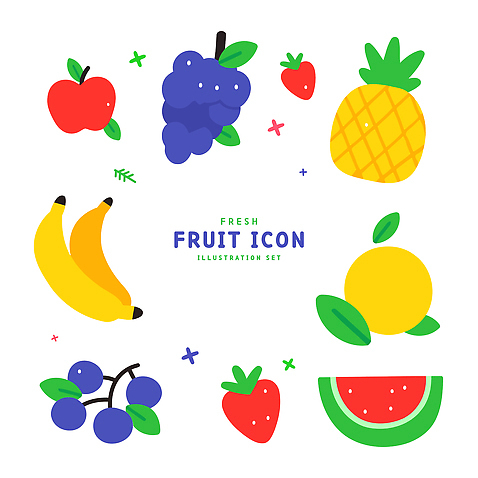 아이콘 딸기 포도 바나나 사람없음 사과 파인애플 수박조각 엘리먼트 AI_파일형식 2D아이콘 조각 과일 수박 열대과일 파일형식 벡터