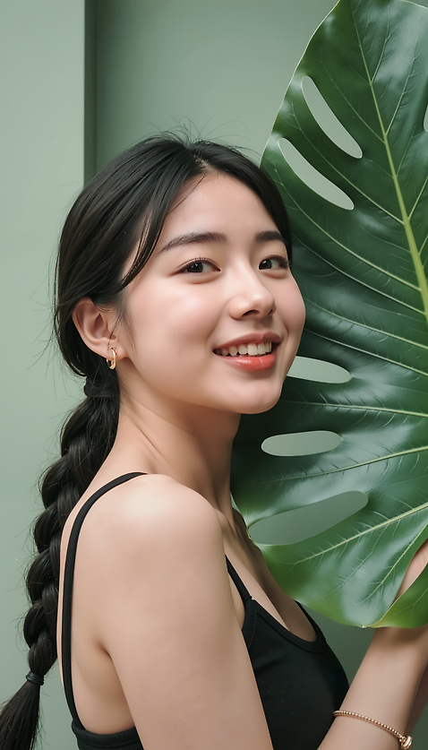 JPG 편집이미지 여자 감정 포즈 백그라운드 상의 잎 자연 화사함 뷰티풀 의료성형뷰티 청춘_젊음 편집실사 AI인물포토 AI콘텐츠 식물 옷 컨셉 사람 CG 생태계 파일형식 AI포토