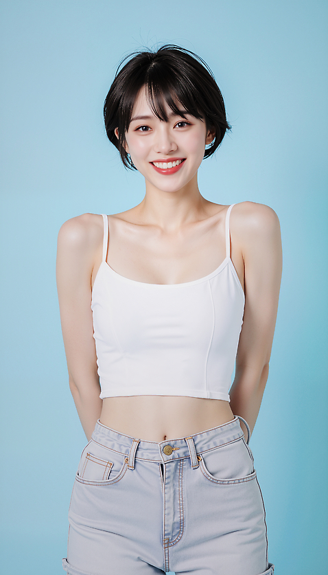 JPG 모델 편집이미지 여자 패션 감정 얼굴 포즈 하늘색 밝음 웃음 촬영 매력적 청바지 표현 탱크톱 의료성형뷰티 스타일 편집실사 AI인물포토 AI콘텐츠 컨셉 상의 바지 표정 사람 신체부위 파란색 CG 파일형식 AI포토